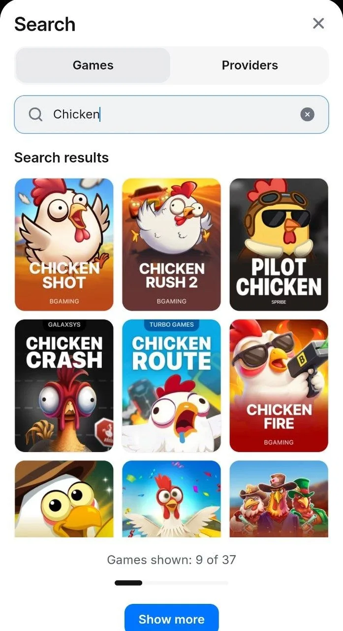The Chicken Games lobby category at 1win