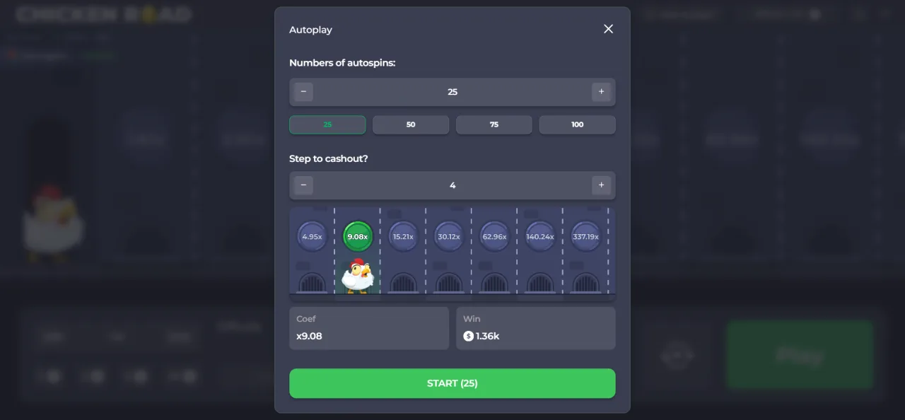 Chicken Road autoplay panel with auto-cashout controls