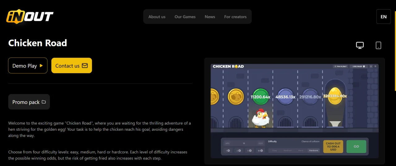 InOut Games official game page for Chicken Road