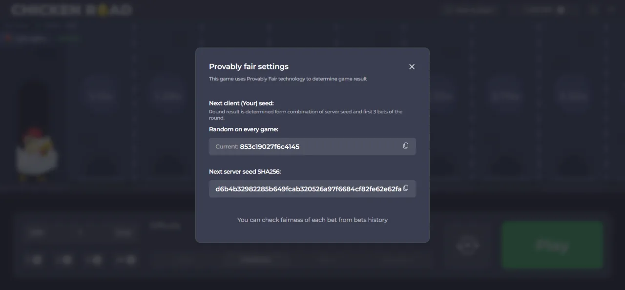 The Provably Fair Settings tab inside the game menu